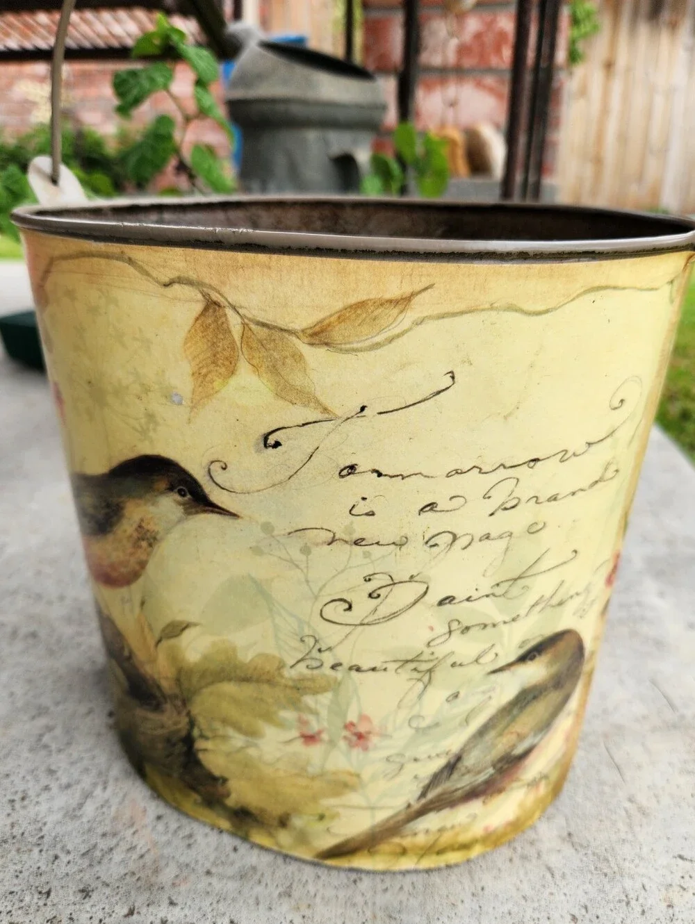 Vintage Woodland Art Print Handled Metal Pail Bucket Birds Nest w/Script Writing